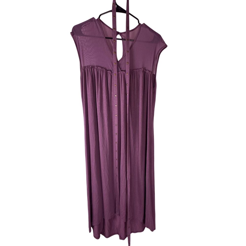 Purple Sheer Wrap Dress Womens Large Flowy Studded Belt Boho Midi Dress - Picture 2 of 5